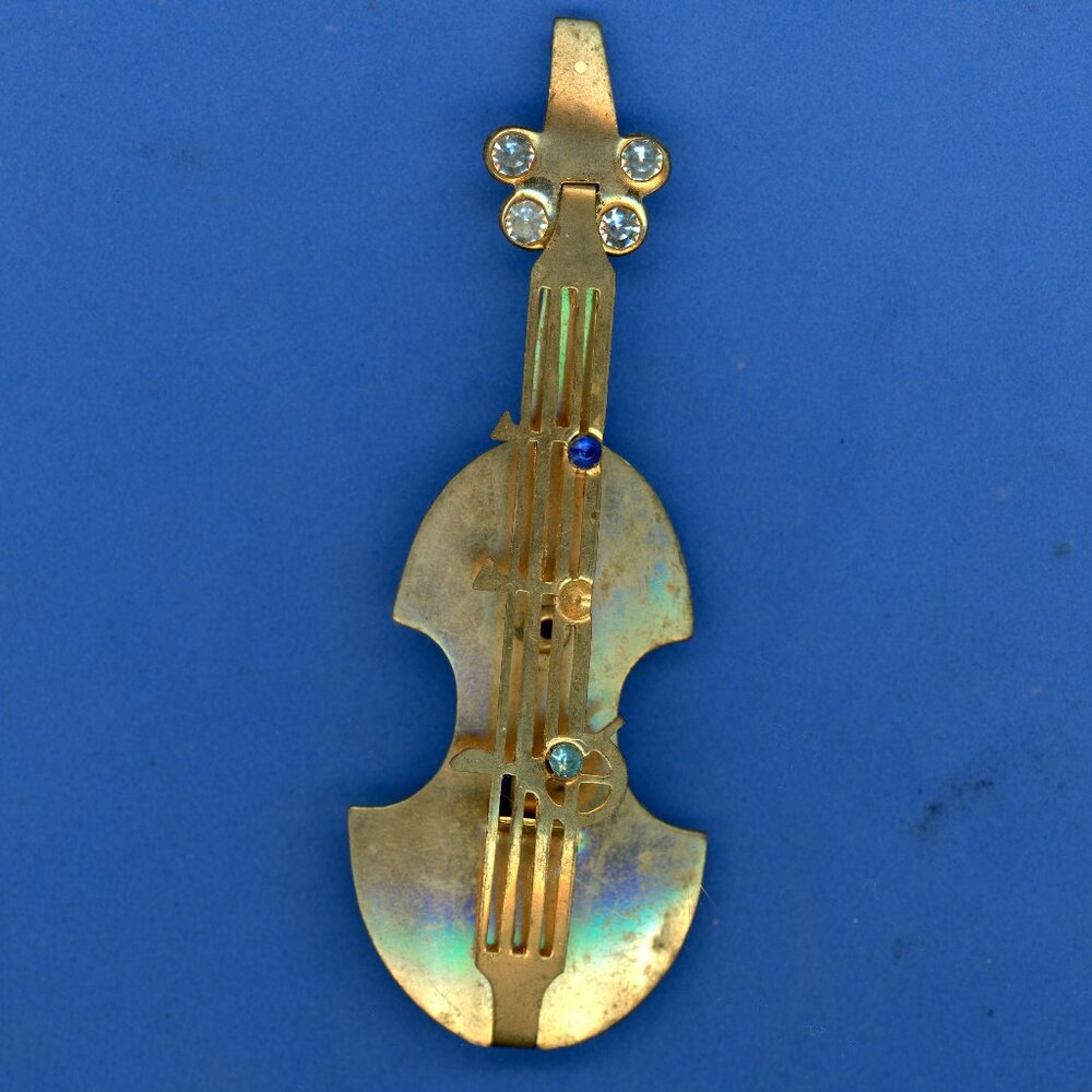 Vintage Brass Violin/Bass/Cello Brooch Pin w/Gemstones